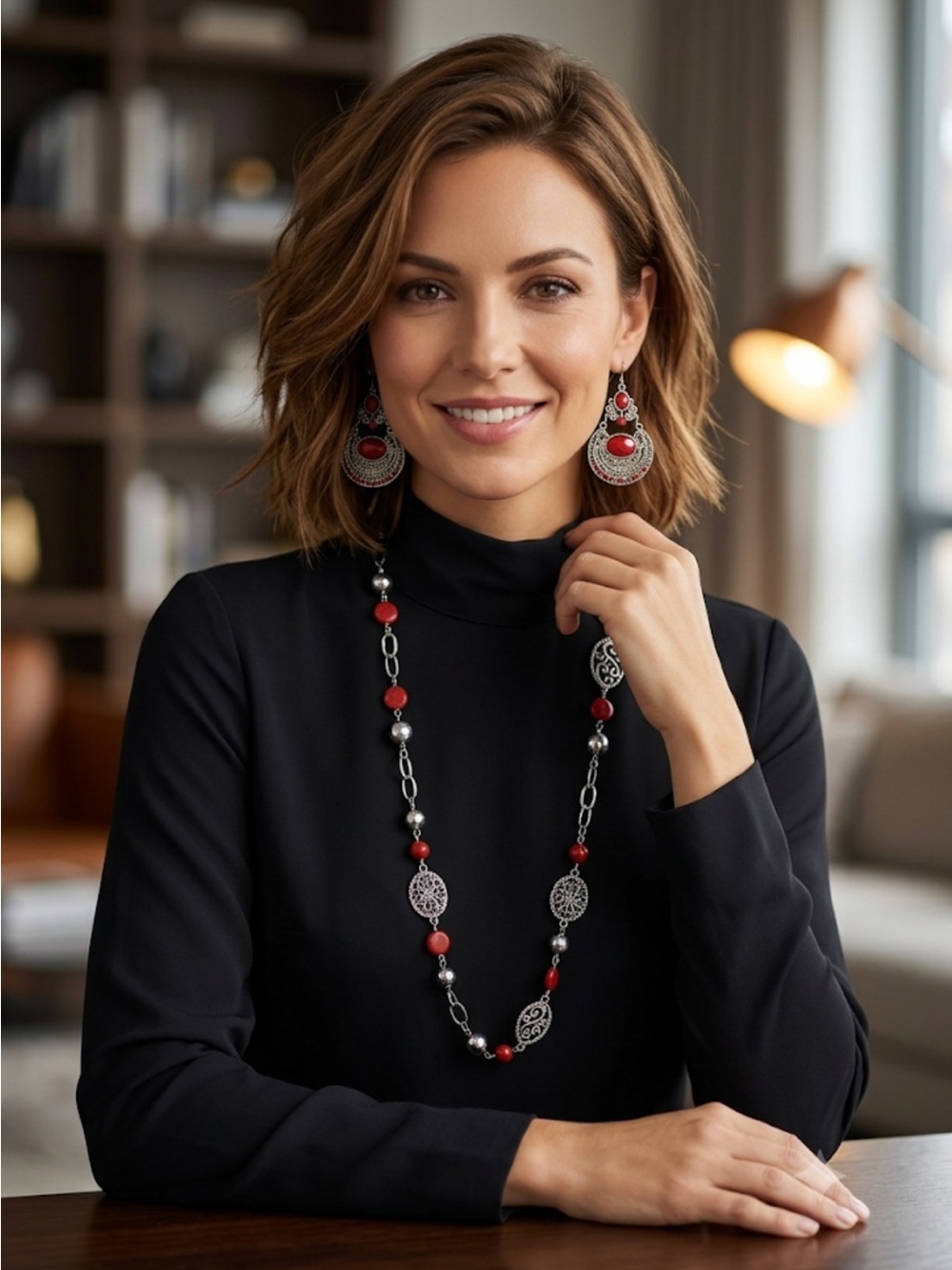 Red and Silver Bead Necklace and Earring Set - Women Jewelry